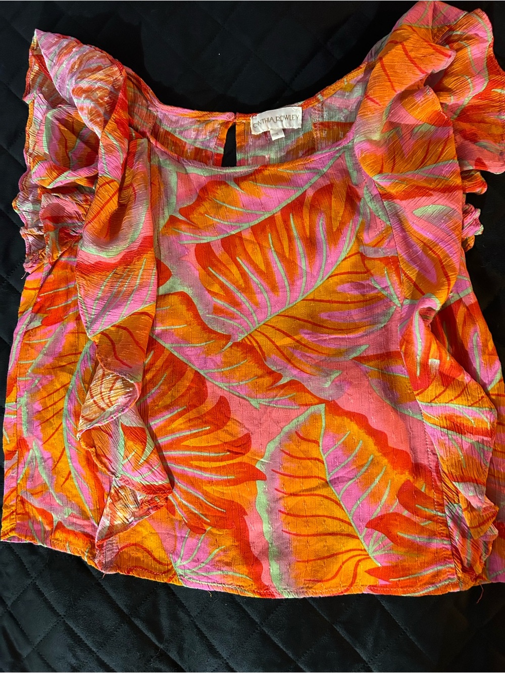 Cynthia Rowley size Small Orange & Pink Leaf Ruffle Sleeve Blouse